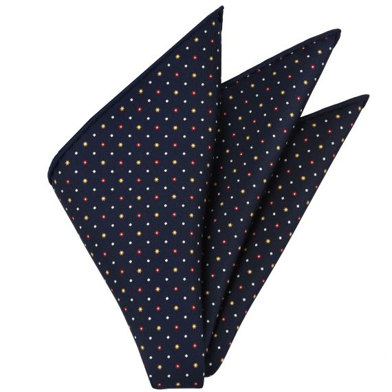 {[en]:Red, White & Burnt Orange on Midnight Blue Macclesfield Print Silk Pocket Square