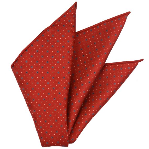 {[en]:Sky Blue, Burnt Orange & White on Red Macclesfield Print Silk Pocket Square