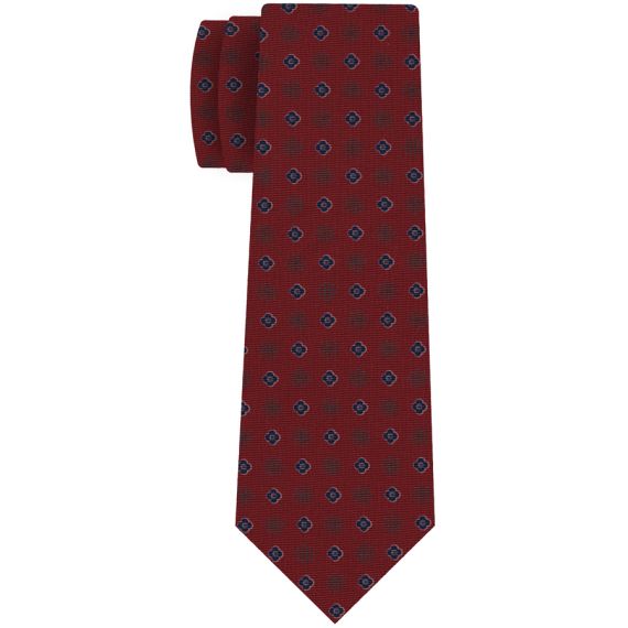 {[en]:Navy Blue, White & Sage on Dark Red  Macclesfield Print Pattern Silk Tie