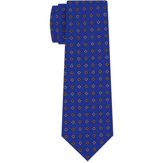 {[en]:Off-White & Yellow Gold on Royal Blue Macclesfield Print Pattern Silk Tie