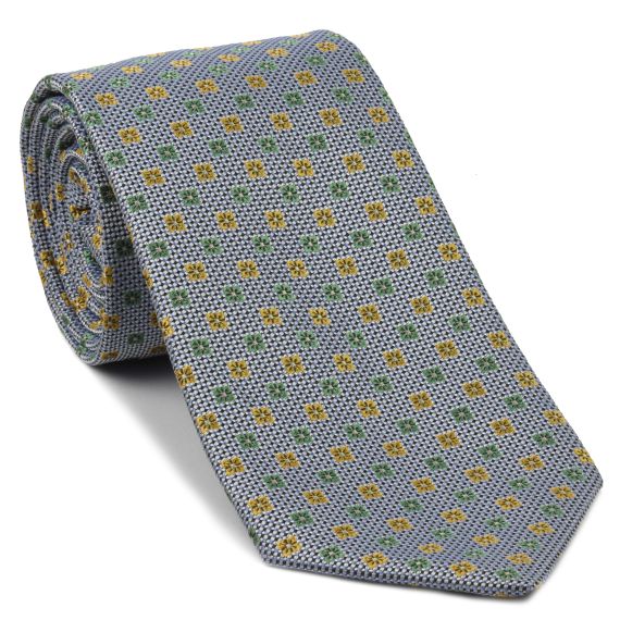 Light Green, Light Yellow, White, Light Blue & Navy Blue Flower Silk Tie #FT-17