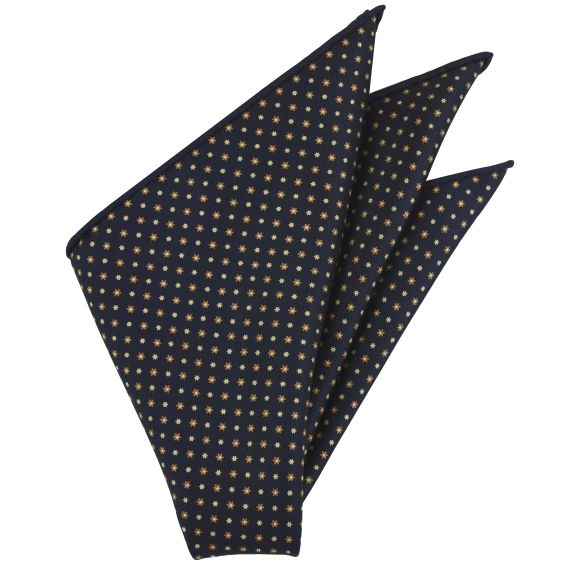 {[en]:Burnt Orange, Light Yellow, Off-White on Midnight Blue Macclesfield Print Pattern Silk Pocket Square