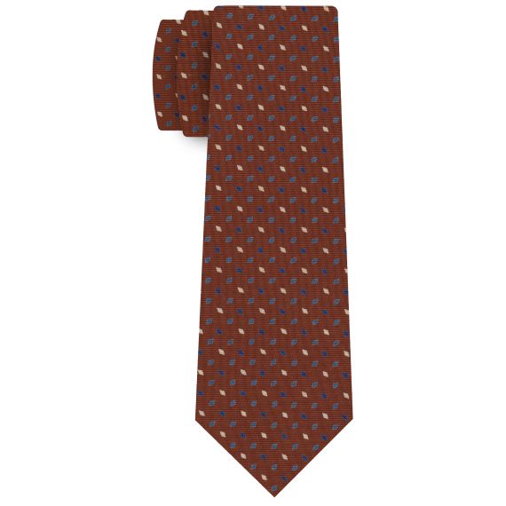 {[en]:Sky Blue, Blue, Off White on Dark Burnt Orange Print Pattern Silk Tie