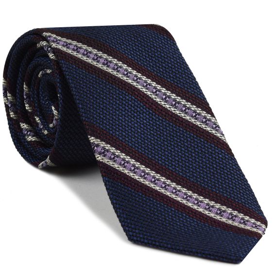 {[en]:Burgundy, Lavender & Off-White on Navy Blue Grenadine Fina and Grossa Stripe Silk Tie