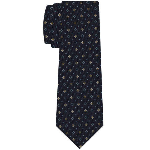 {[en]:Sky Blue, Yellow Gold & White on Dark Navy Blue Macclesfield Print Pattern Silk Tie