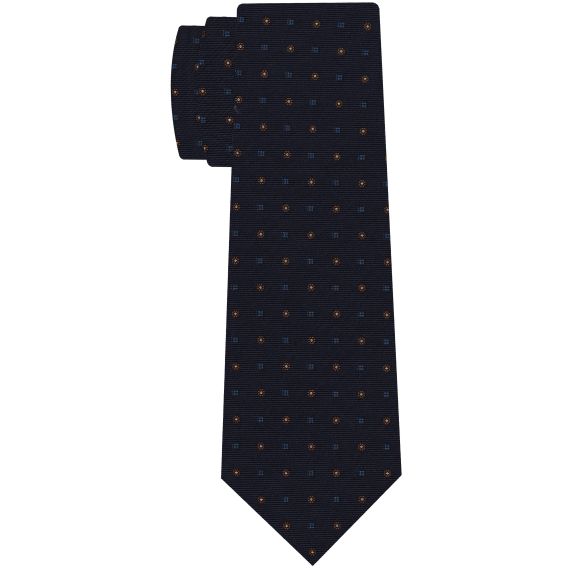 Blue, White & Orange on Dark Navy Blue Print Pattern Silk Tie #MCT-603