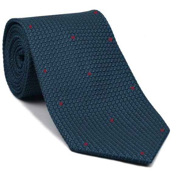 {[en]:Slate Blue Blue Grenadine Grossa with Dark Red (Hand Sewn) Pin Dots Silk Tie