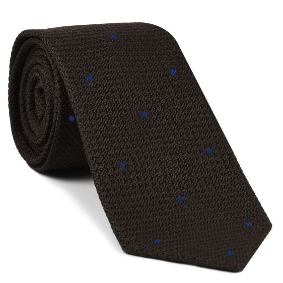 {[en]:Bitter Chocolate Grenadine Grossa with Navy Blue (Hand Sewn) Pin Dots Silk Tie