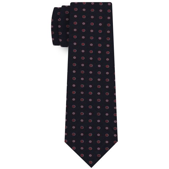 {[en]:Dark Red & White on Midnight Blue Print Pattern Silk Tie