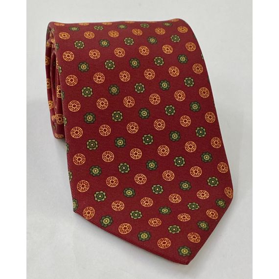 Sage, Dark Olive Green, Yellow Gold on Dark Red Macclesfield Printed Silk Tie #MCT-563