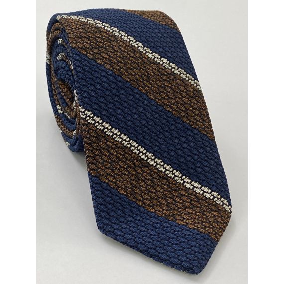 Dark Burnt Orange, Dark Navy Blue & Off-White Classic Grenadine Grossa Stripe Silk Tie 5