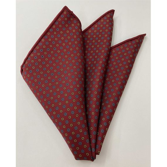 Dark Blue, Yellow, Forest Green & Burnt Orange on Dark Chocolate Print Pattern Silk Pocket Square MCP-622