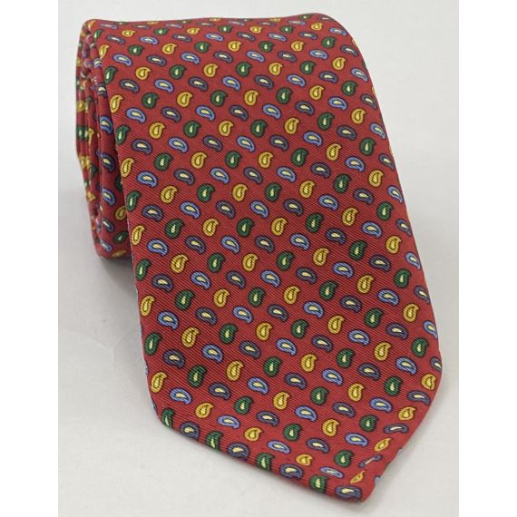 Green, Blue, Yellow, Light Yellow & Light Blue on Red Atkinsons Printed Irish Poplin Tie APR-5