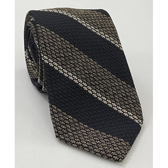 Black/Brown, Golden Brown & Off-White Classic Grenadine Grossa Stripe Silk Tie 1