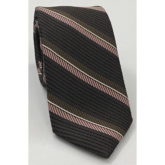 Chocolate, Salmon & White on Dark Chocolate Grenadine Fina with Satin Stripe Silk Tie GFMST-3