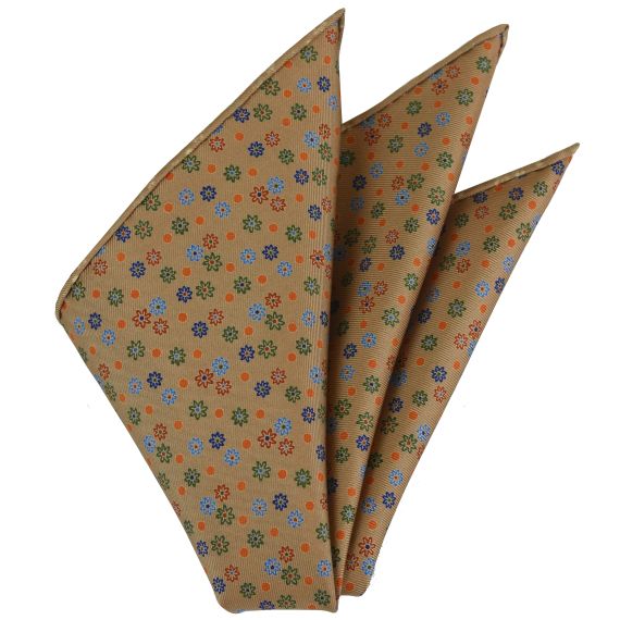 {[en]:Blue, Red, Orange & Green on Tan Macclesfield Printed Silk Pocket Square