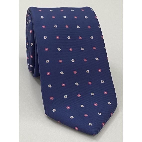 White & Soft Pink on Navy Blue Macclesfield Print Silk Tie MCT-306