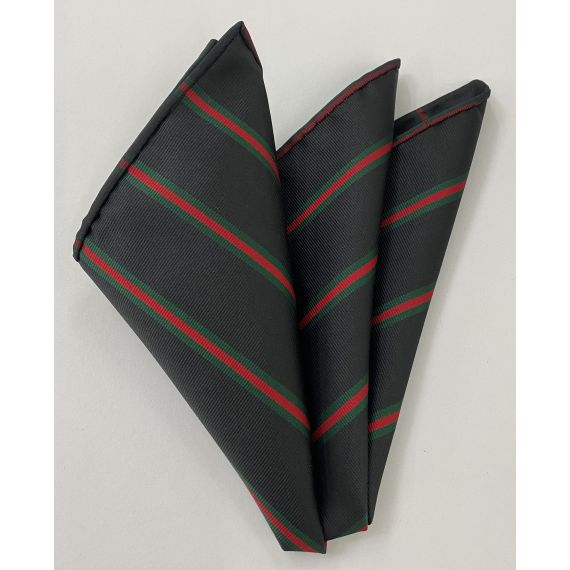 12th London Regiment Stripe Silk Pocket Square #RGP-23 - Dark Forest Green & Red on Black