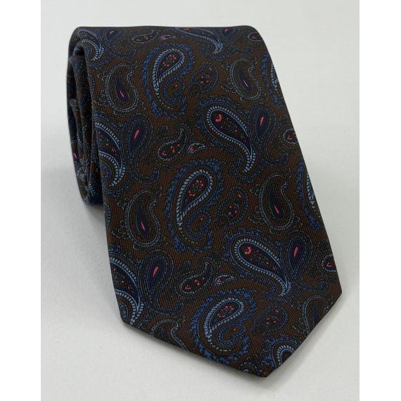 Navy Blue, Fuchsia, Powder Blue, Sky Blue on Dark Chocolate Macclesfield Print Silk Tie MCT-398