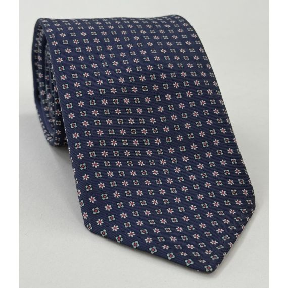 Sky Blue, Pink & White on Dark Blue Print Pattern Silk Tie MCT-633